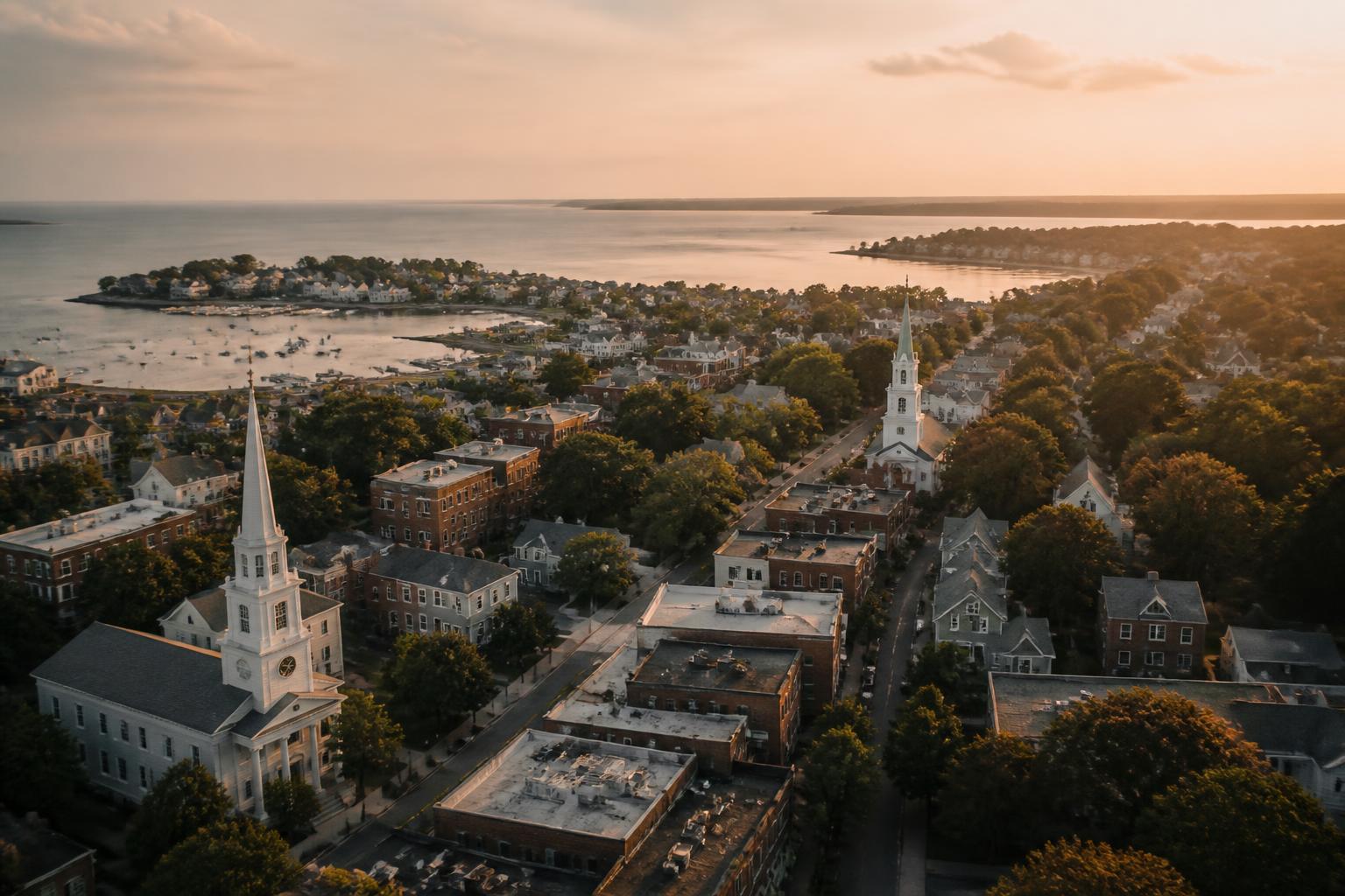 Aerial view of a historic Connecticut shoreline town at golden hour